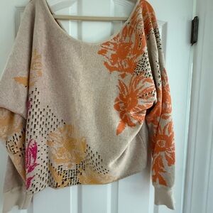 Anthropologie: Off-the-Shoulder Floral Sweater - Beige, Orange, Pink